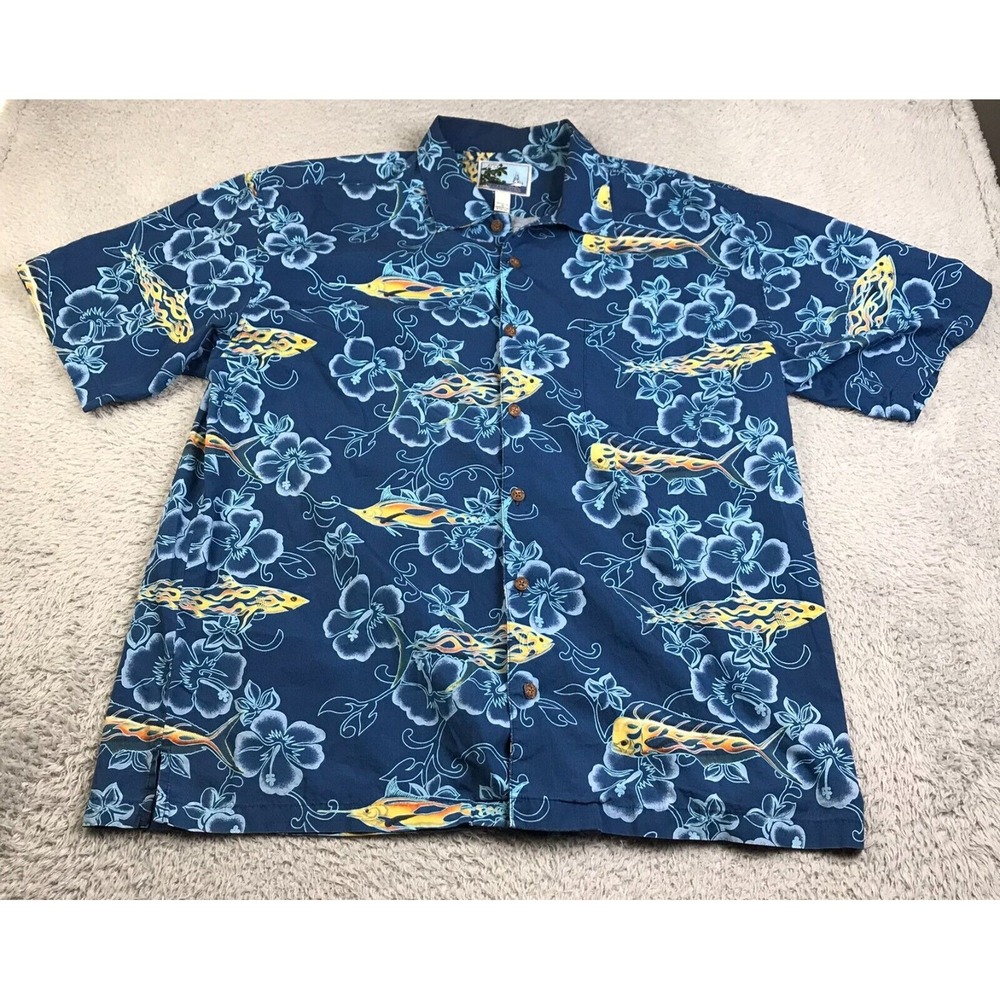 Aftco Bluewater Shirt Mens 2X Blue Hawaiian Floral Fish Short Sleeve Button Up